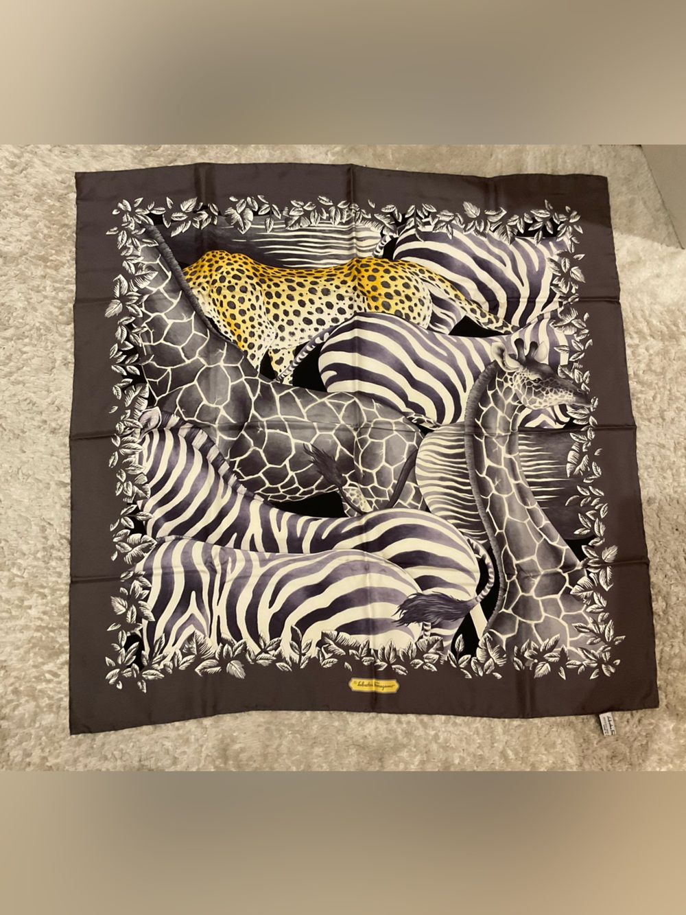 Animal Print Silk Scarf with Zebra & Giraffe Motif - Black, White & Yellow